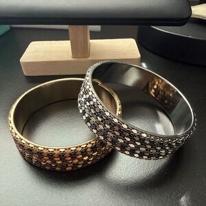 Gold Tone Statement Cuff Bracelet Bold Wide Black Enamel + Bangle Bundle Set